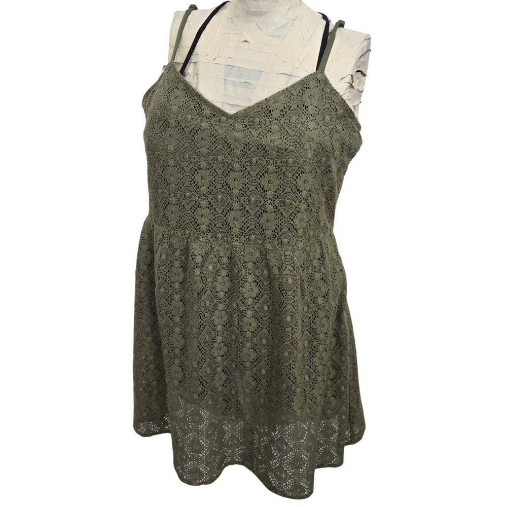 Volcom Laced Wave Dress‎ Women's Medium Olive Green Crochet Lace Mini Babydoll